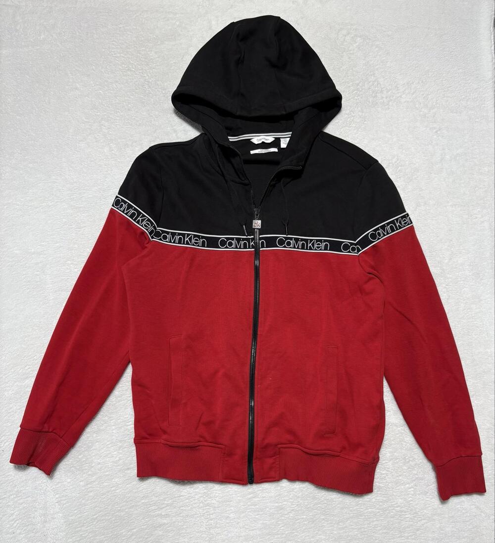 Calvin Klein Hoodie Mens Medium Red Black Full Zip Tech Jersey Logo Tape